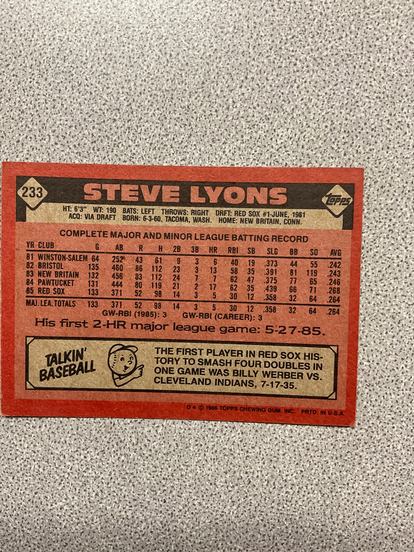 Baseball Card Steve Lyons