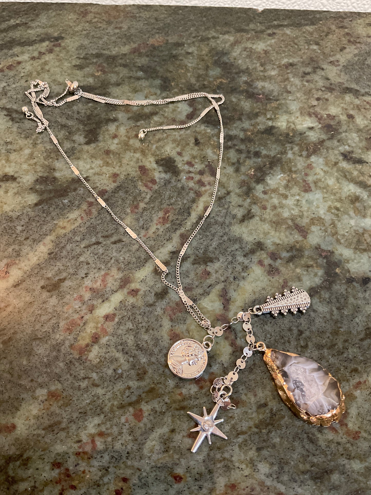 Queen Elizabeth ll Charm Necklace with Druzy Agate Geode Pendant