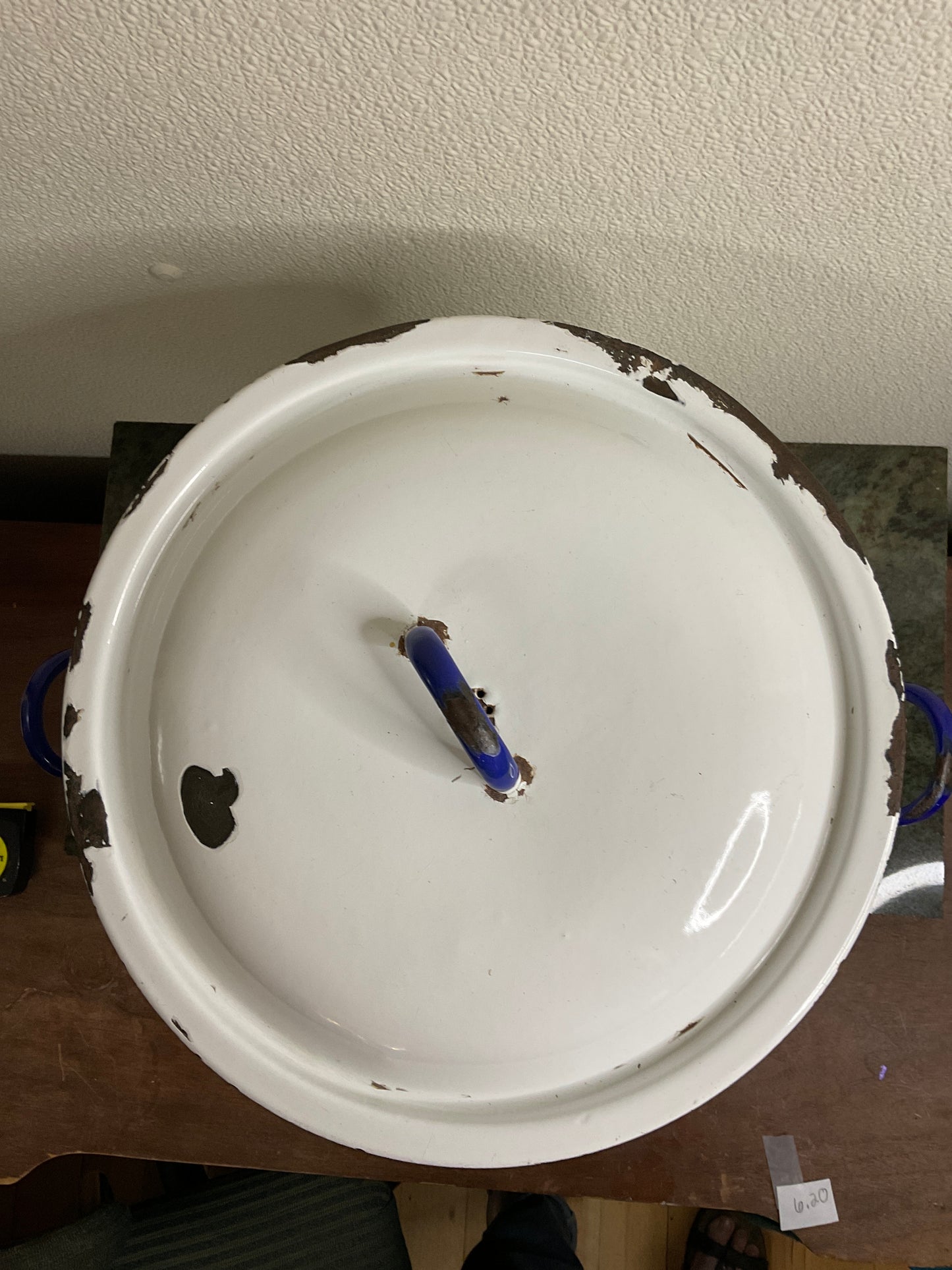 Vintage White Enamel Bread Pot with Blue Rim