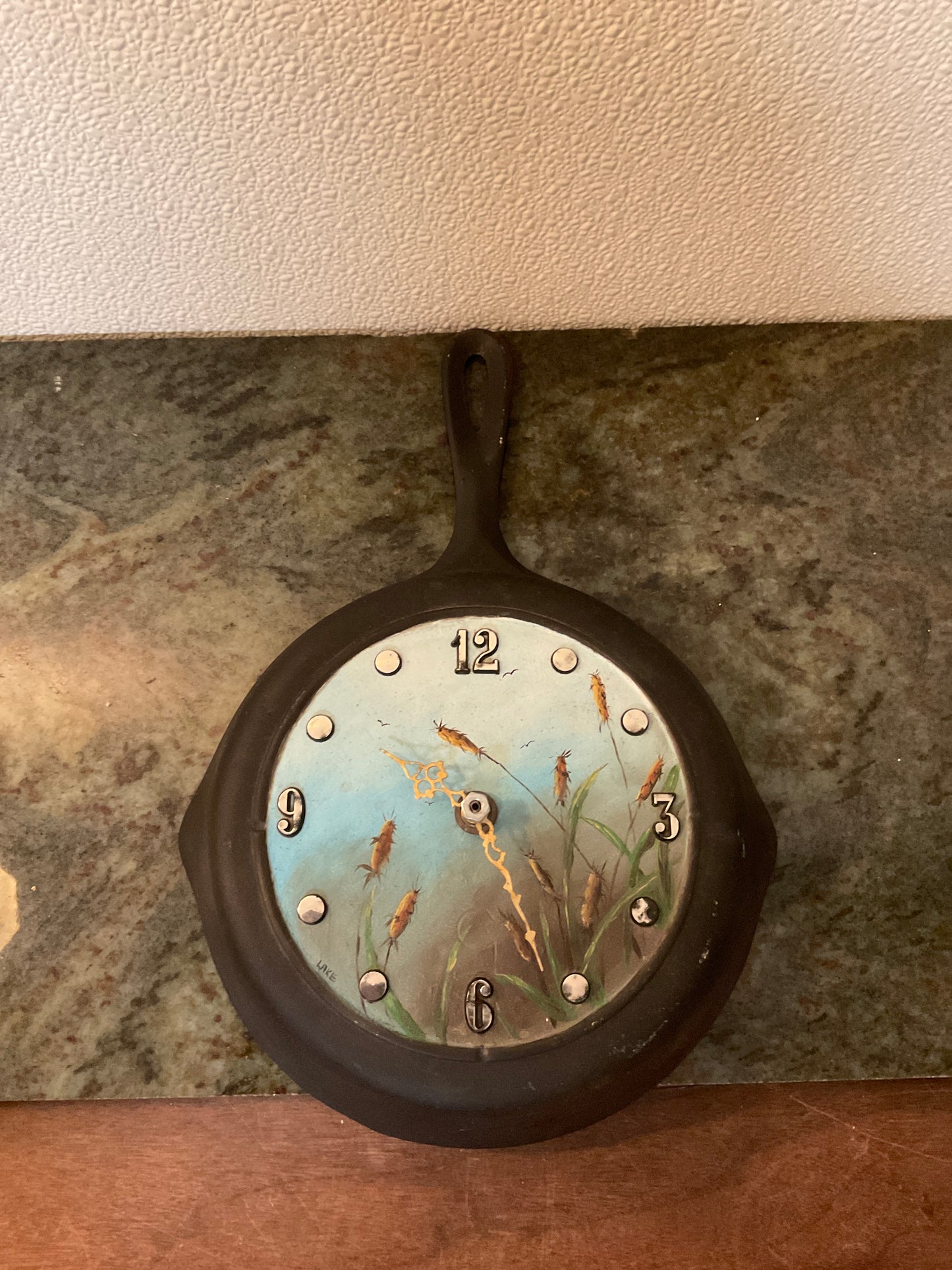 Hand Painted Cattails On Small Cast Iron Skillet Clock