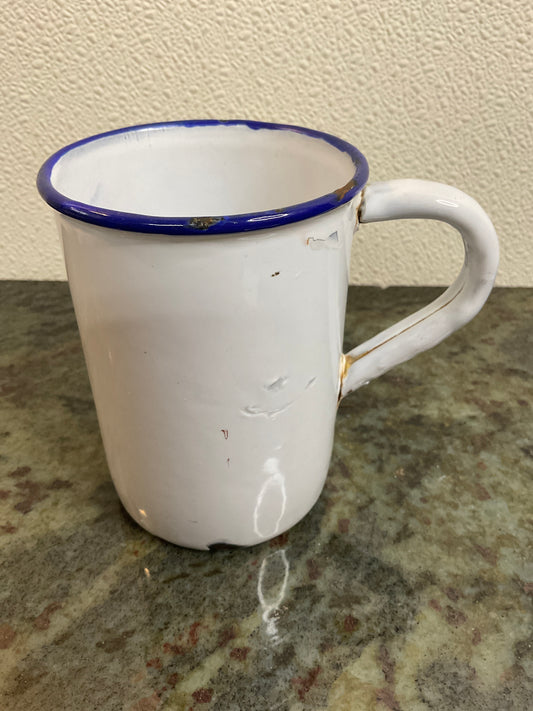 Vtg White Enamel/Blue Rim Coffee Mug
