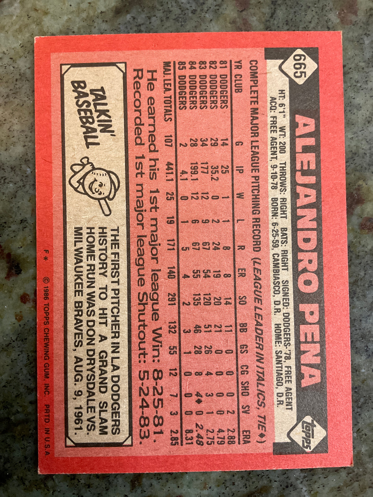 Alejandro Pena 1986 Topps Baseball Card