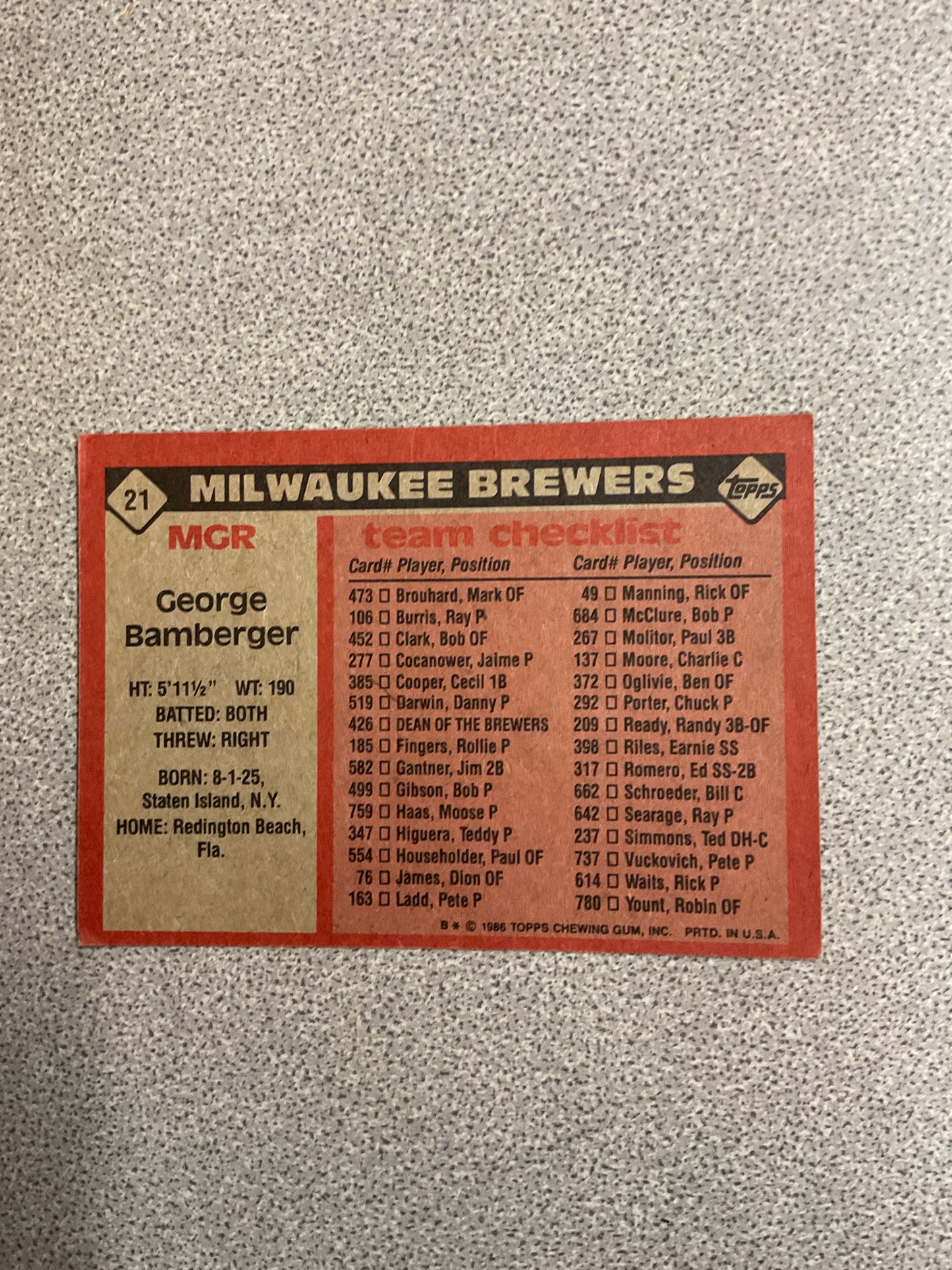 Baseball Card-George Bamberger