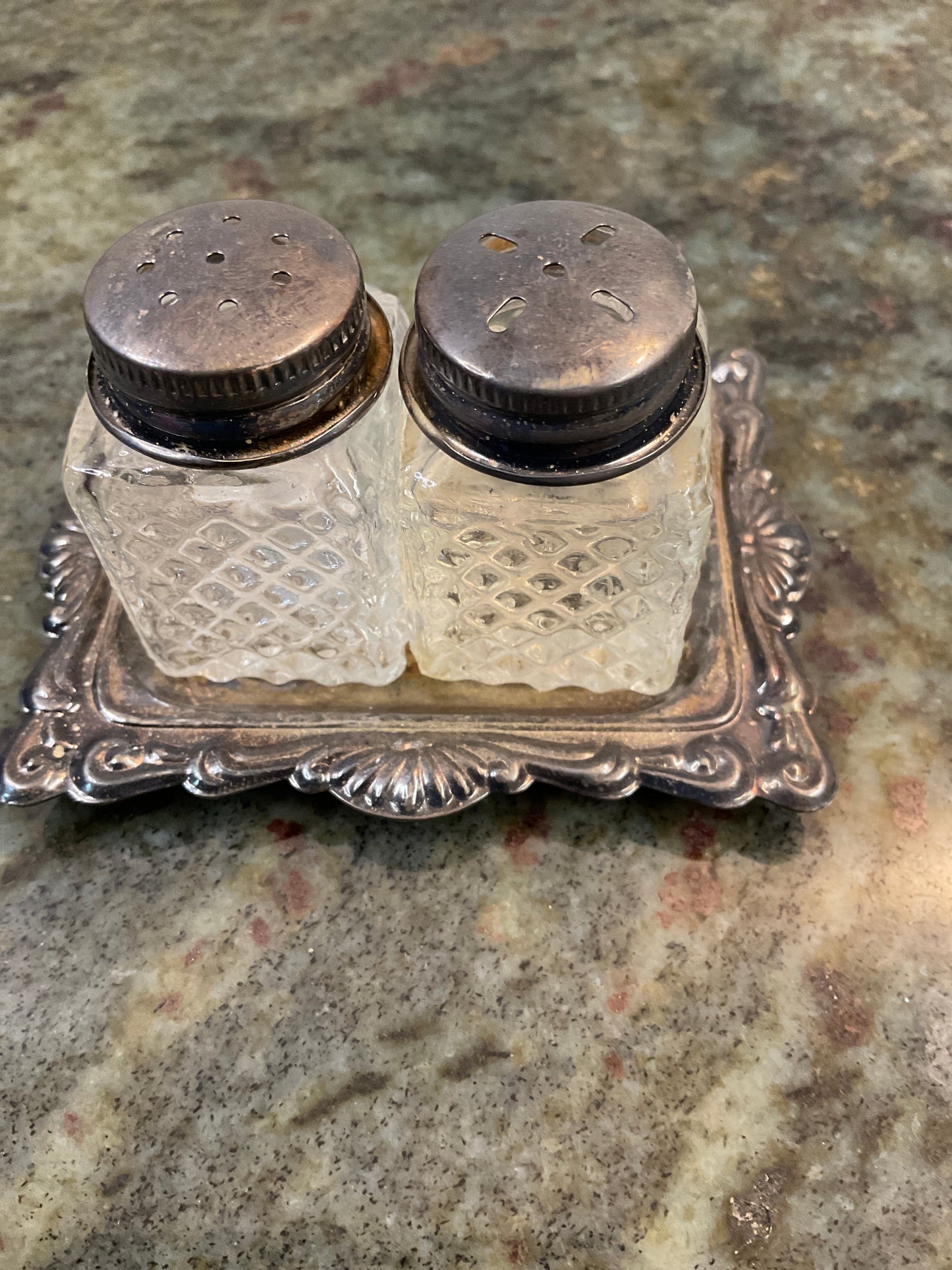 Diamond-Patterned Glass Salt & Pepper Shakers on Silver Plated Tray
