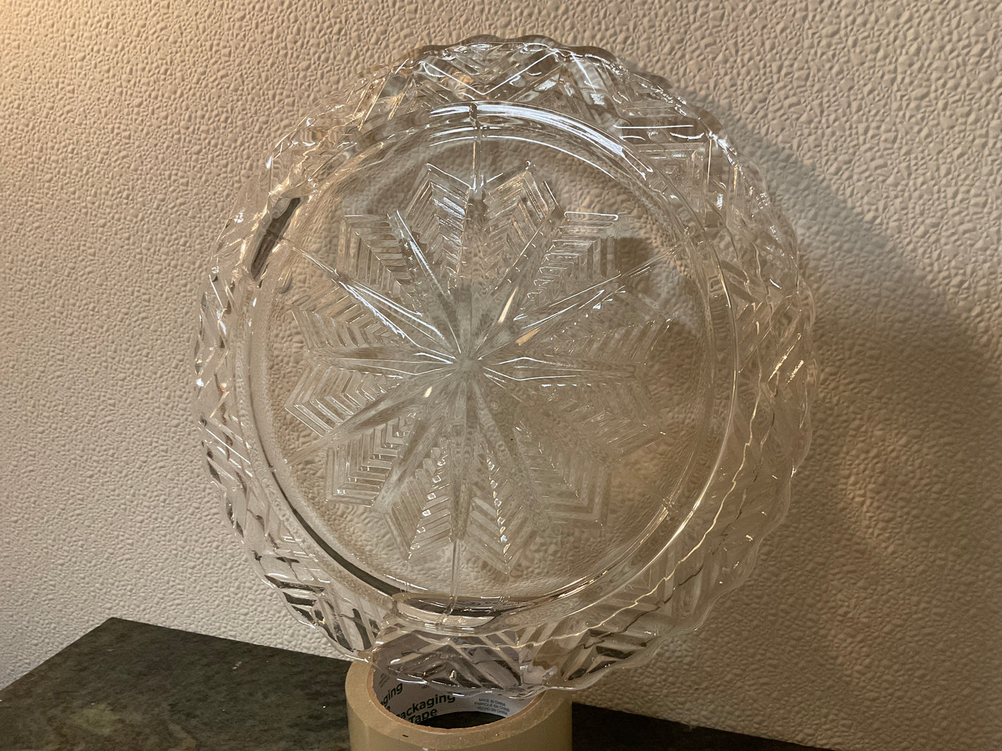 Vintage Etched Chevron Starburst Clear Glass Footed Cake Plate