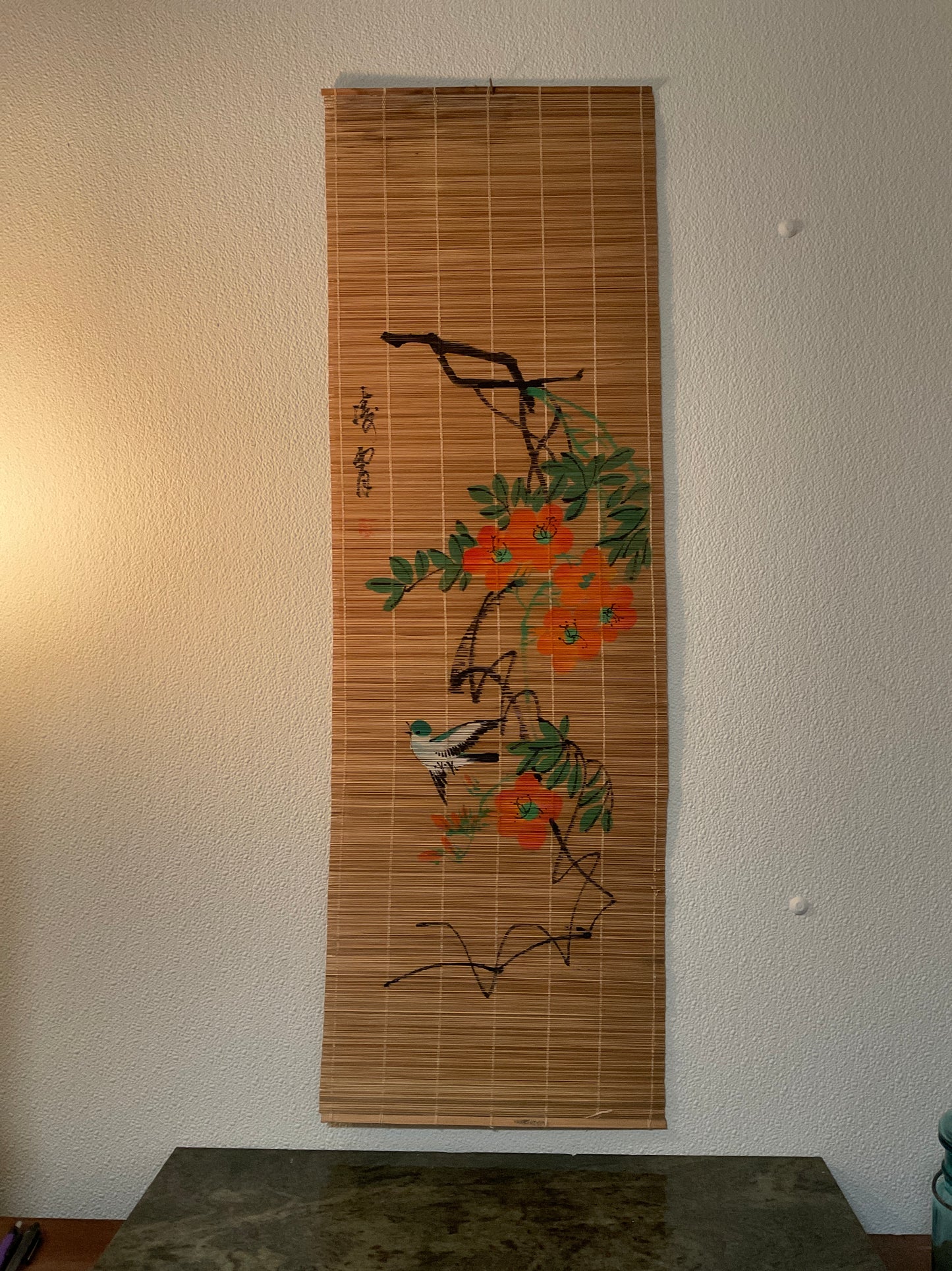 Vintage Chinese Bamboo Bird And Flowers Scroll Signed