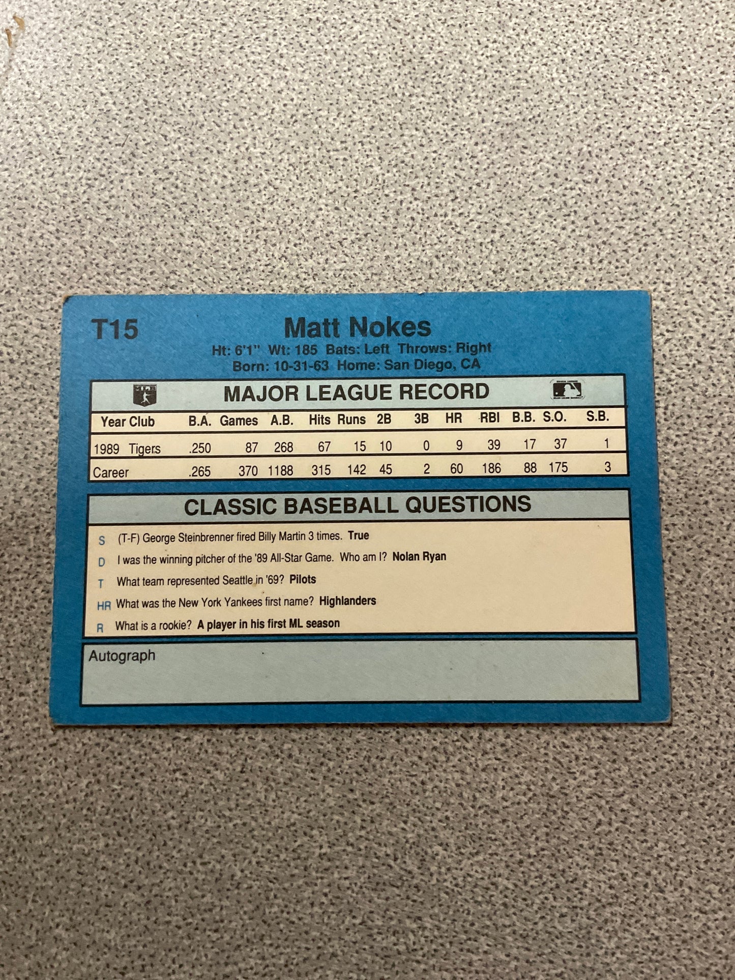 Baseball Card Matt Nokes