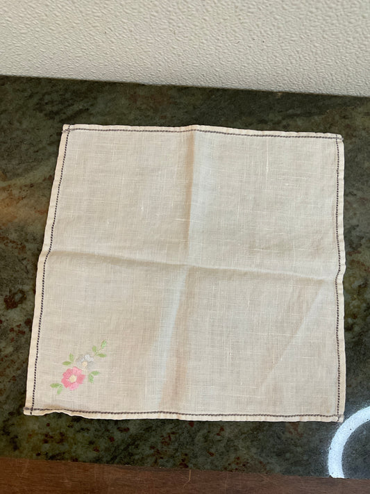 Vintage White Hankie With Flowers and Boarder Hand Stitched.