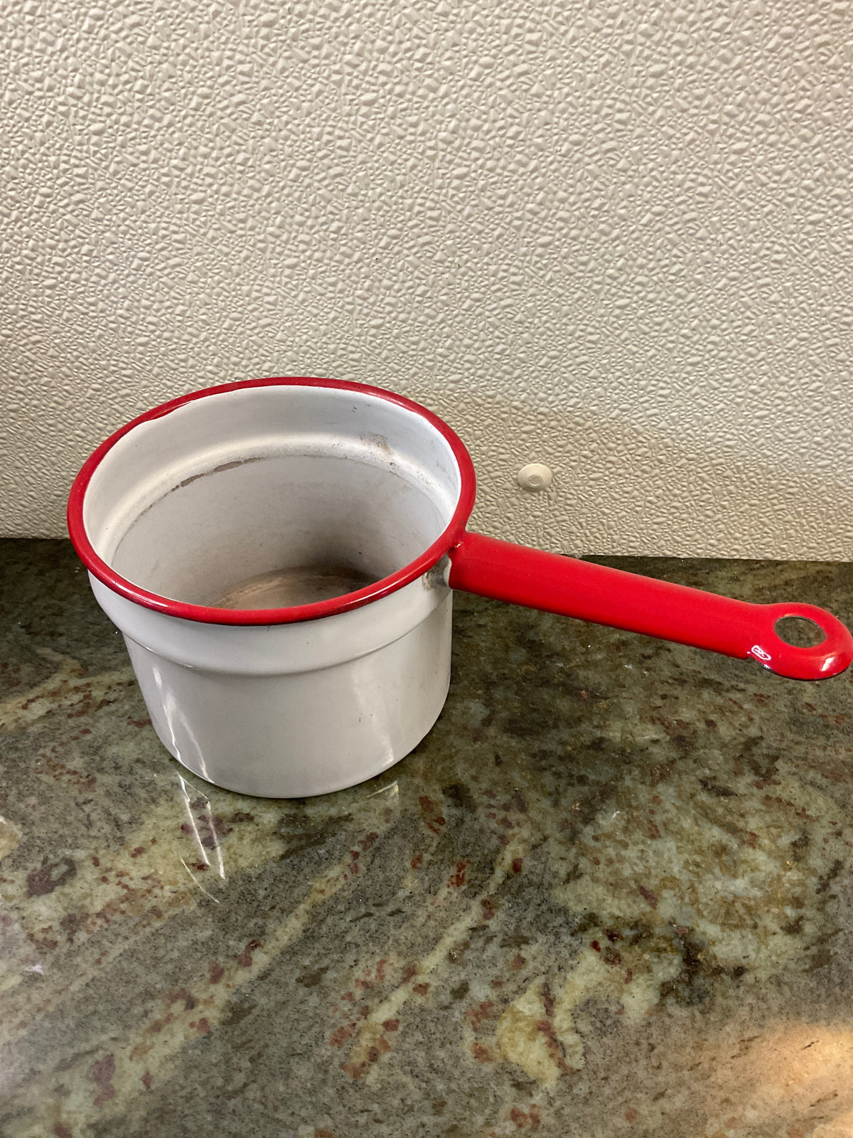 Vintage Red & White Enamel Sauce Pot