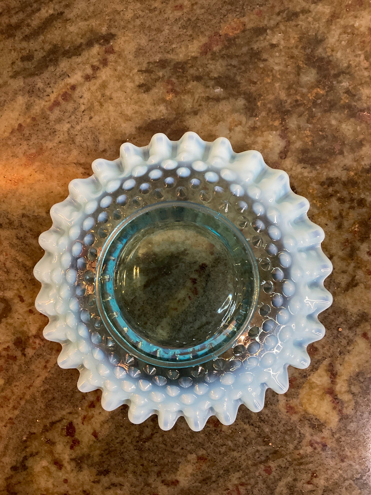Vintage Fenton Blue Hobnail Opalescent Ruffled Dish