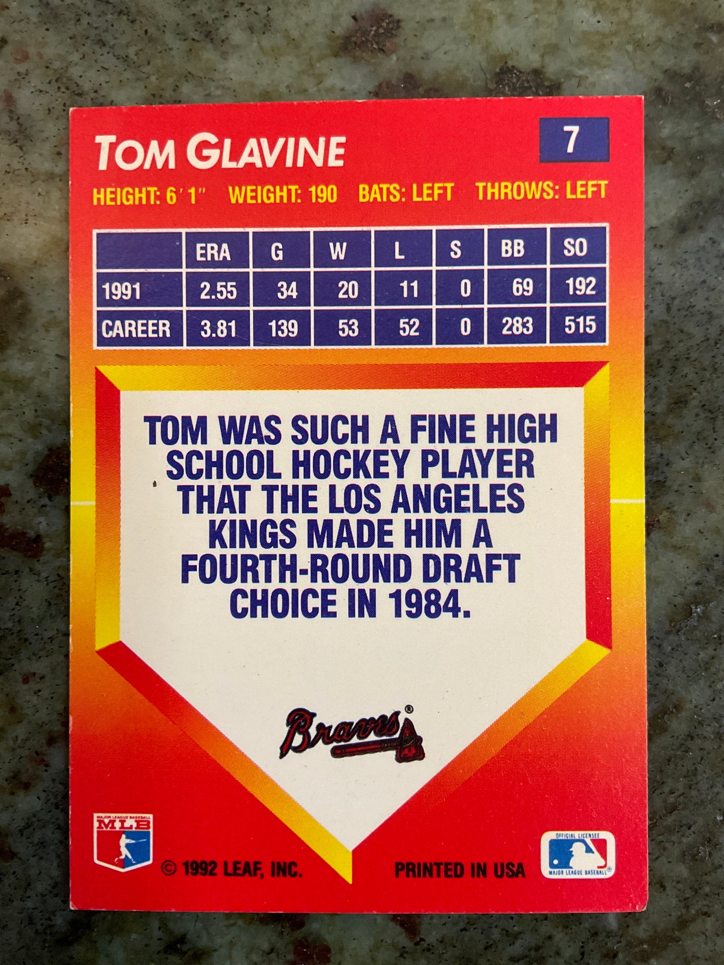 Tom Glavine 1992 Leaf Baseball Card