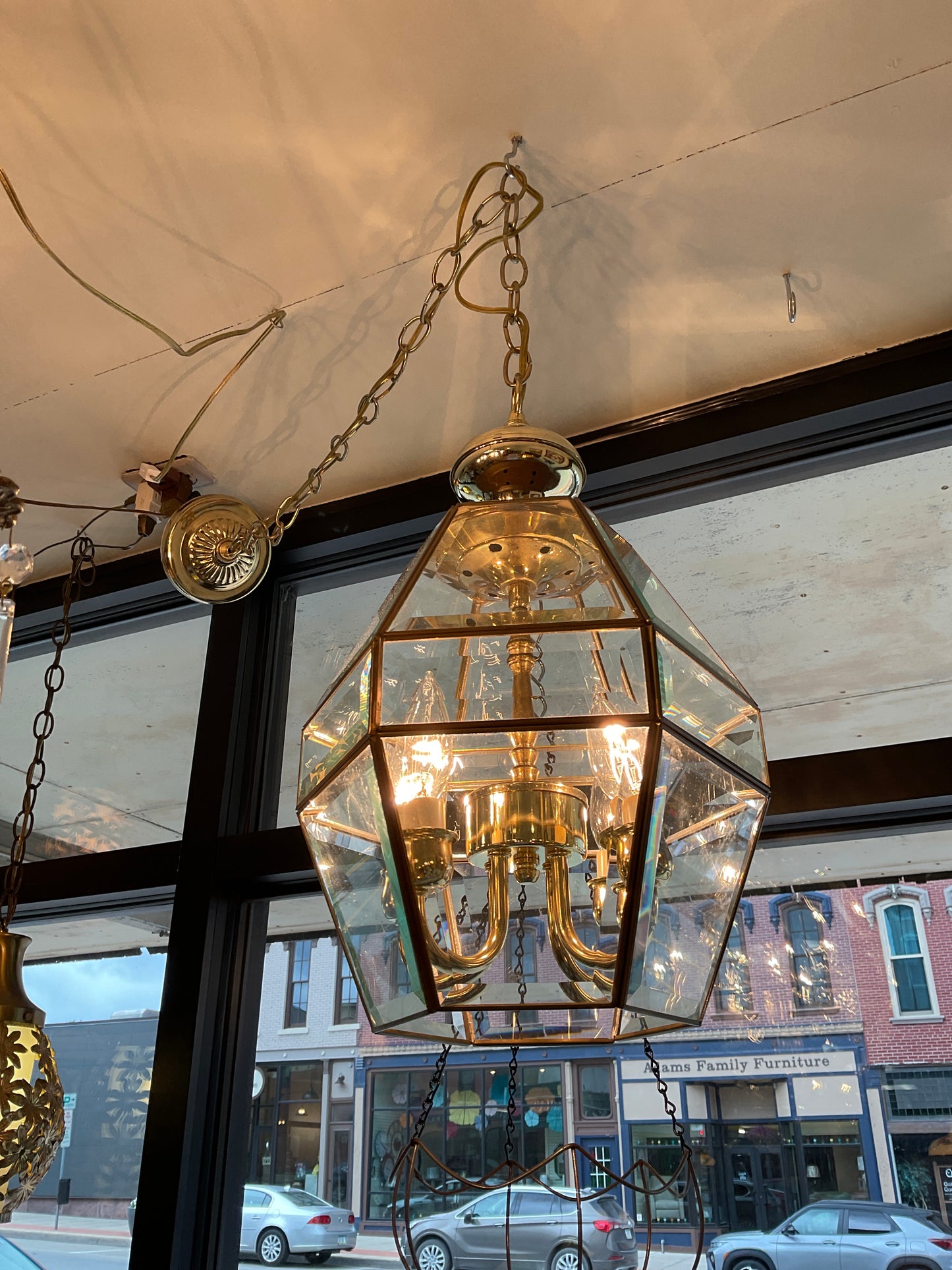 Hexagonal Brass/Beveled Glass Ceiling Fixture