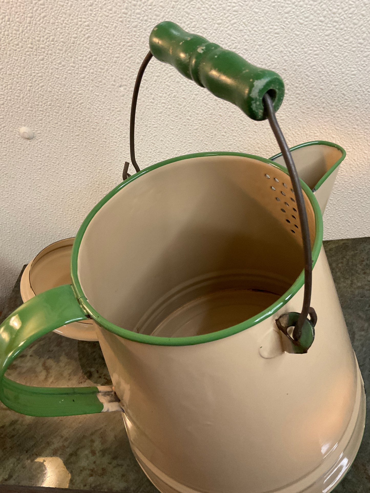 Vtg Cream & Green Enamel Kettle Pot