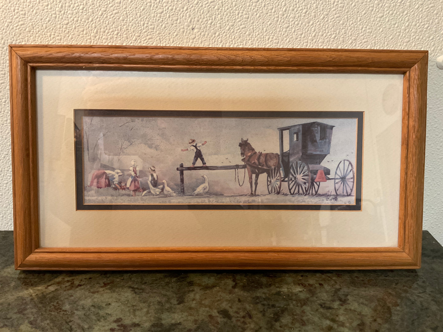 Amish Buggy w/Children Playing Double Matted Framed Picture