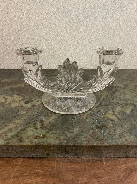 Vintage Fustoria Clear Glass Double Arm Candle Stick Holder