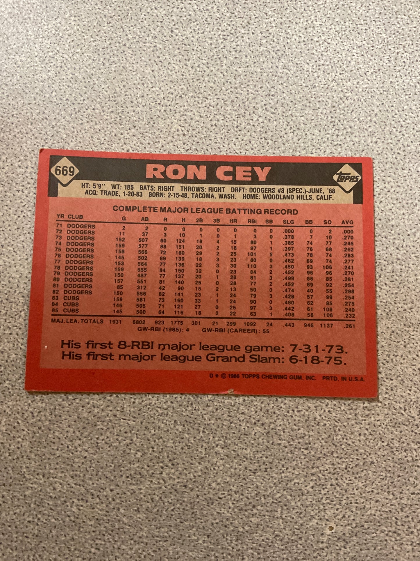 Baseball Card Ron Cey