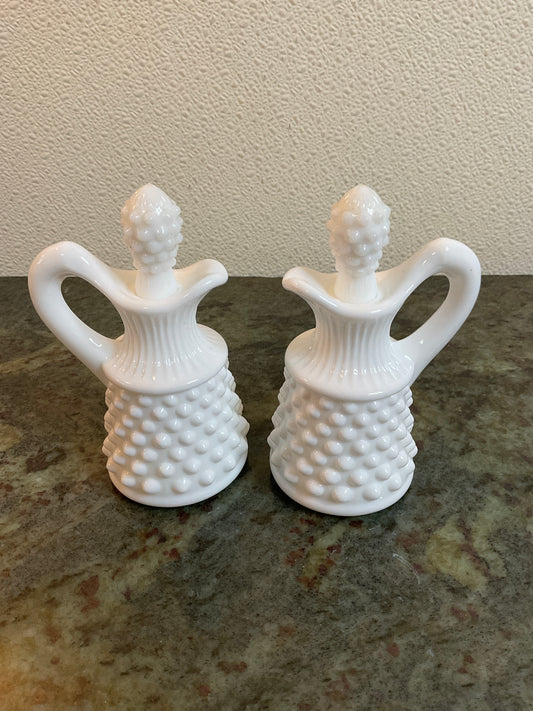 Fenton White Milk Glass Hobnail Oil Vinegar Cruet Set