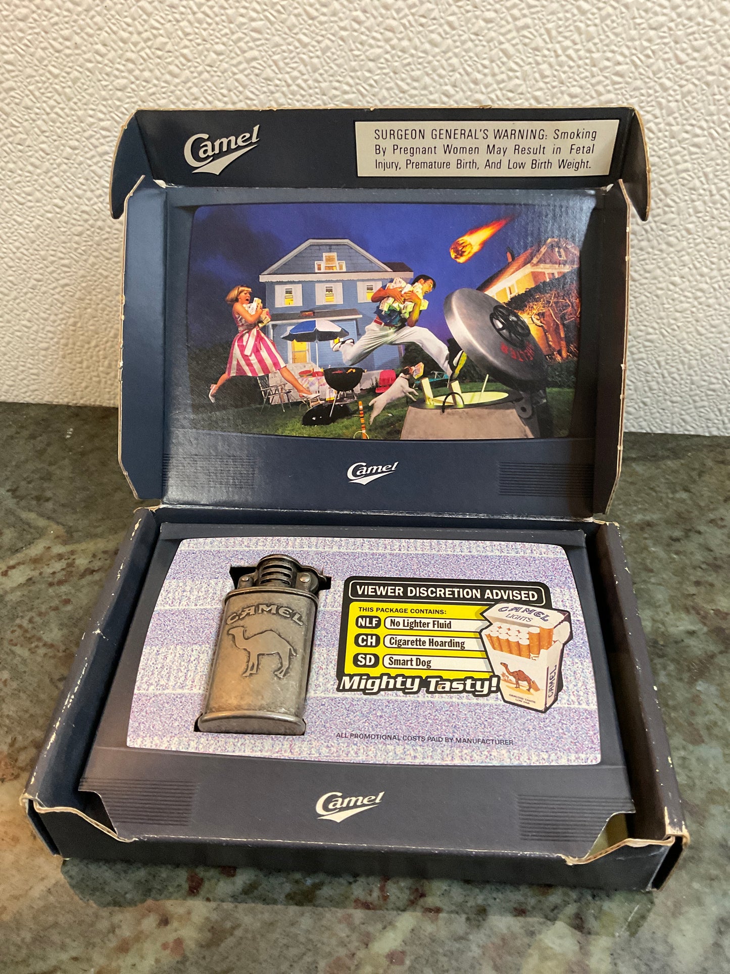 Vintage 1999 Pewter Camel Cigarette Lighter and Box. Lighter is 2 3/8” H.