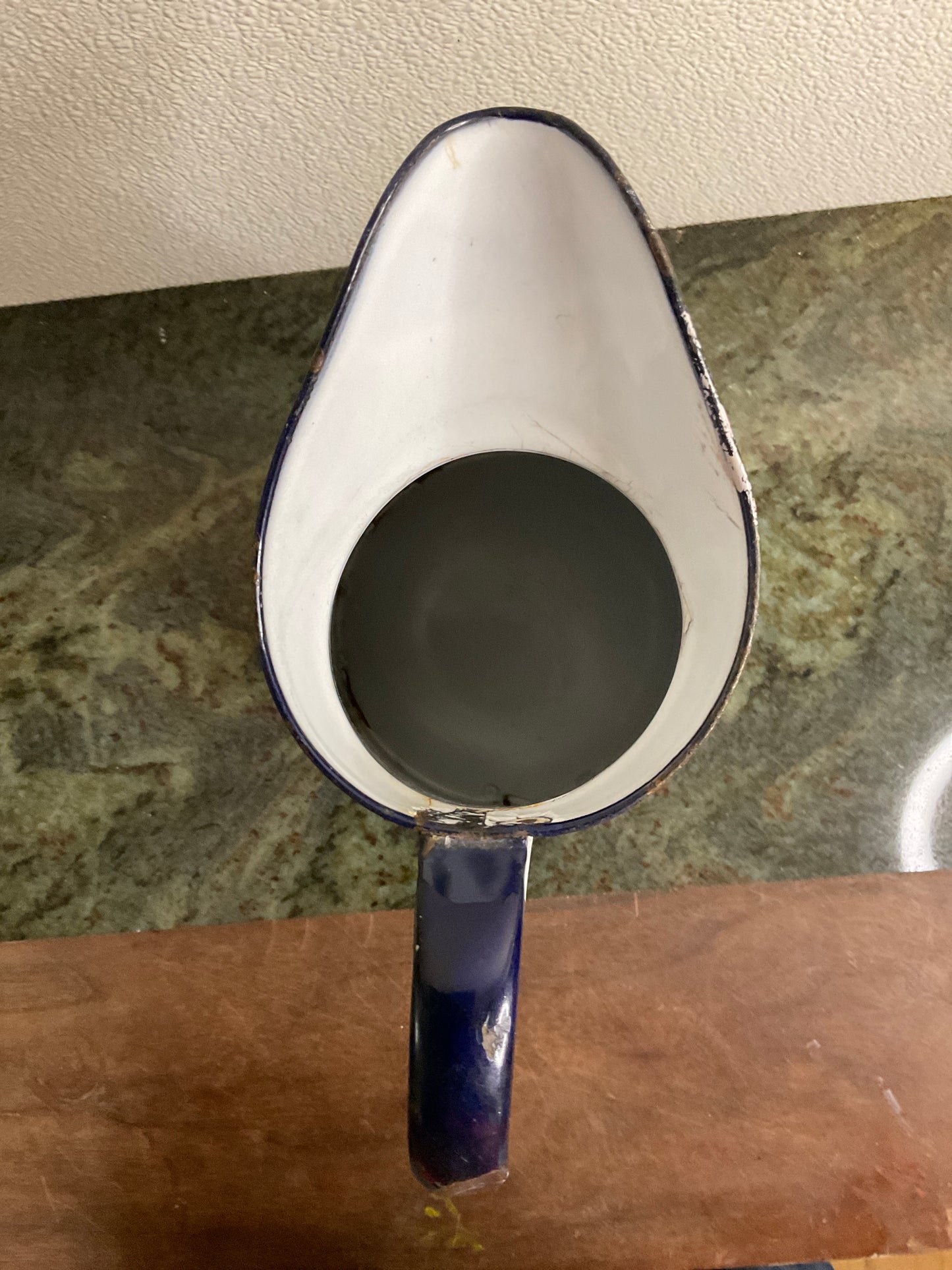 Vintage White Enamel Water Pitcher with Blue Rim