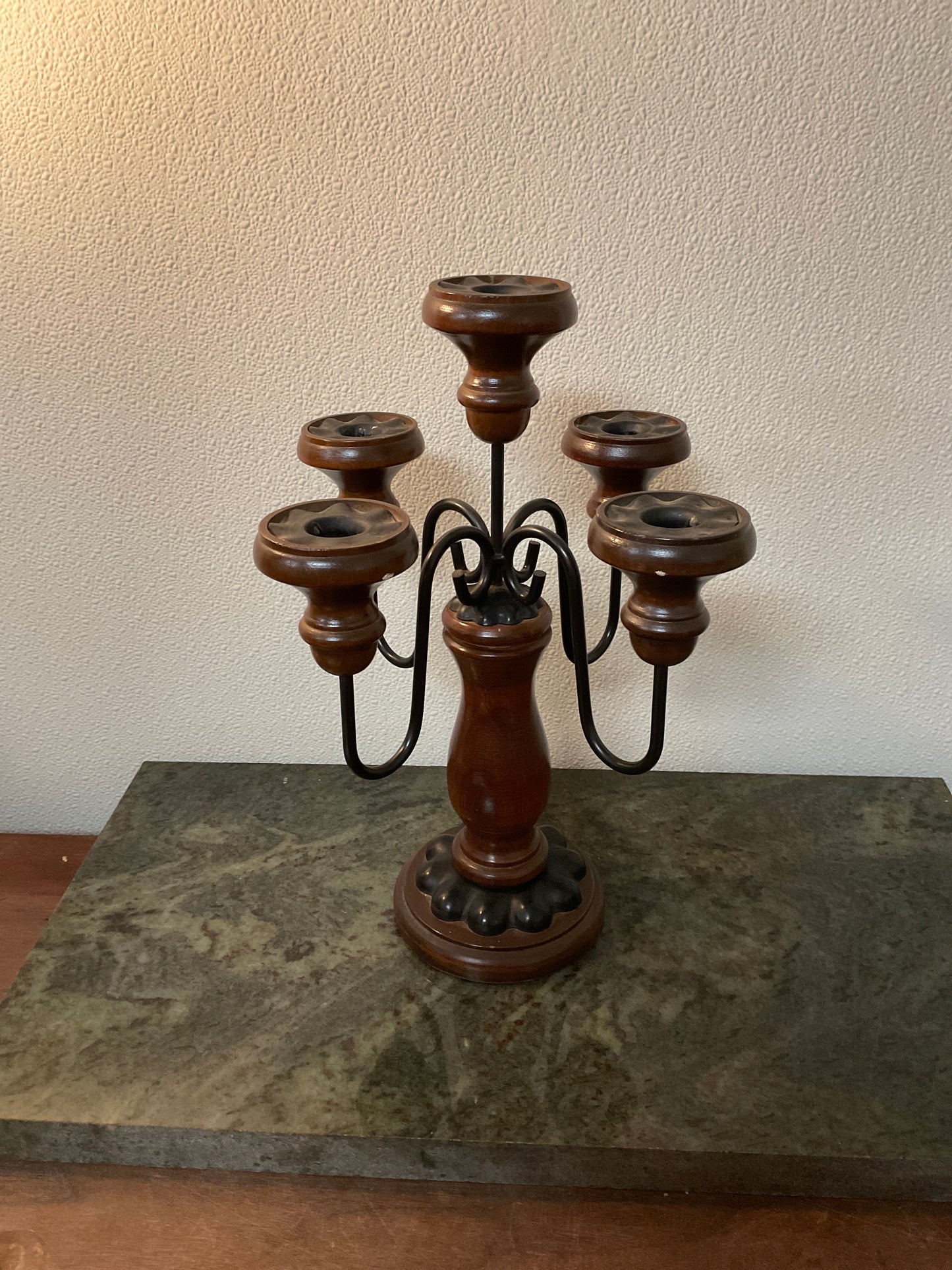 Wooden Candelabra With Vintage Votive Clear Glass Tealight Candle Holder