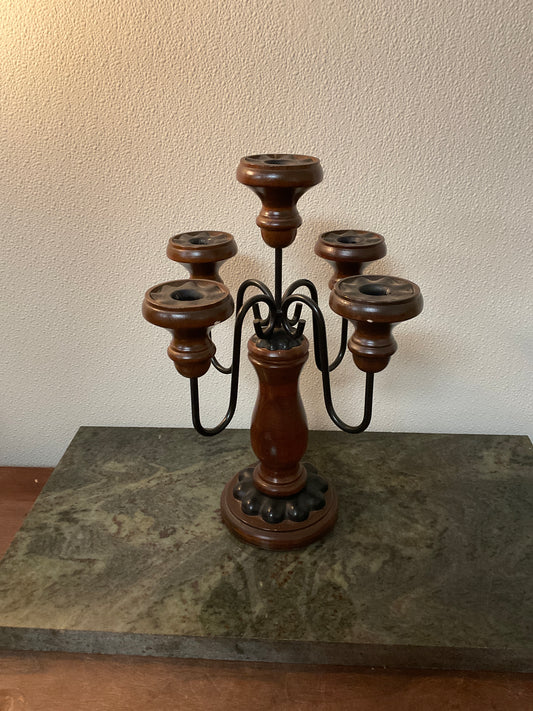 Wooden Candelabra With Vintage Votive Clear Glass Tealight Candle Holder