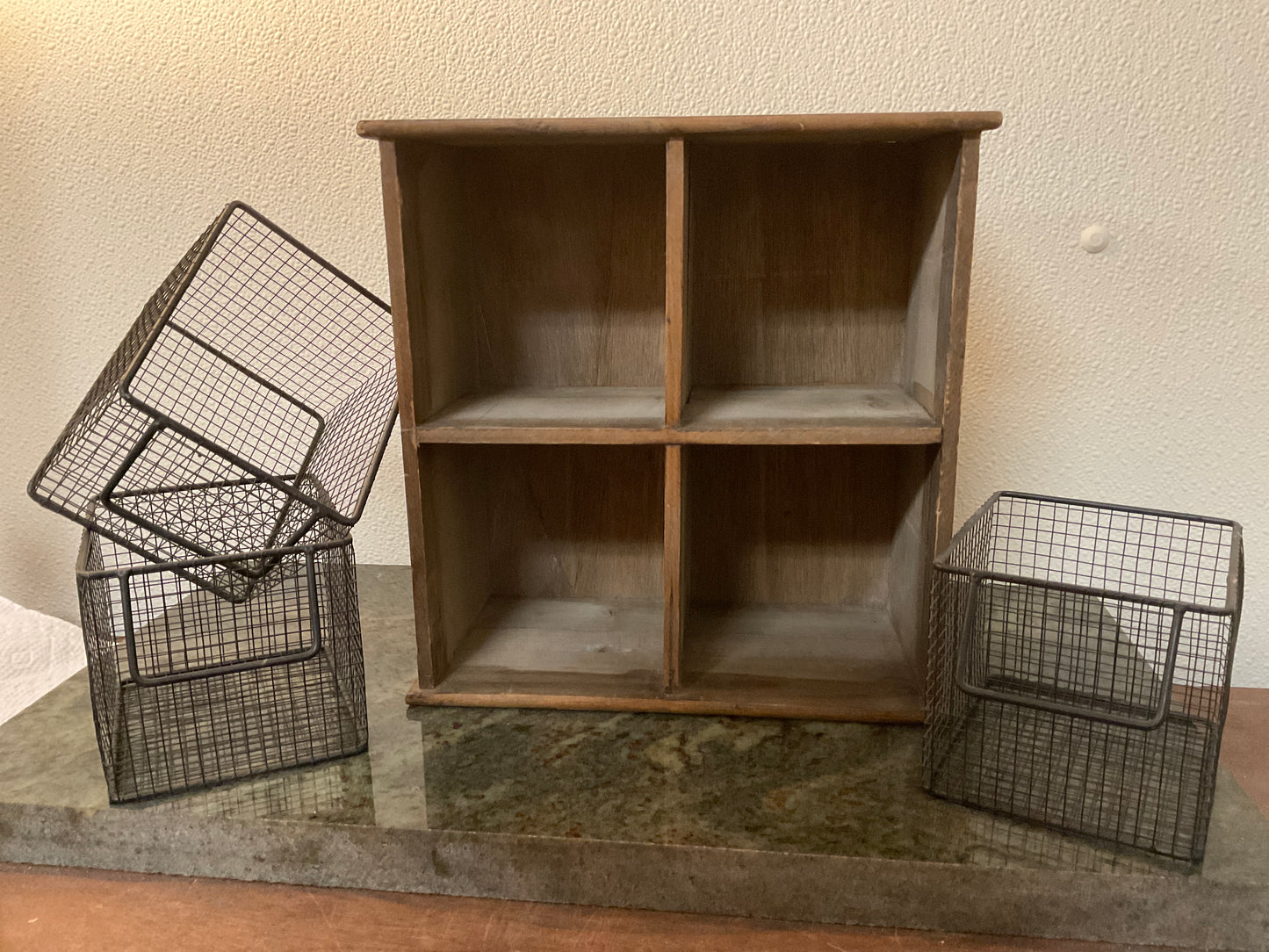 Four Compartment Wood Box with Three Wire Basket Inserts