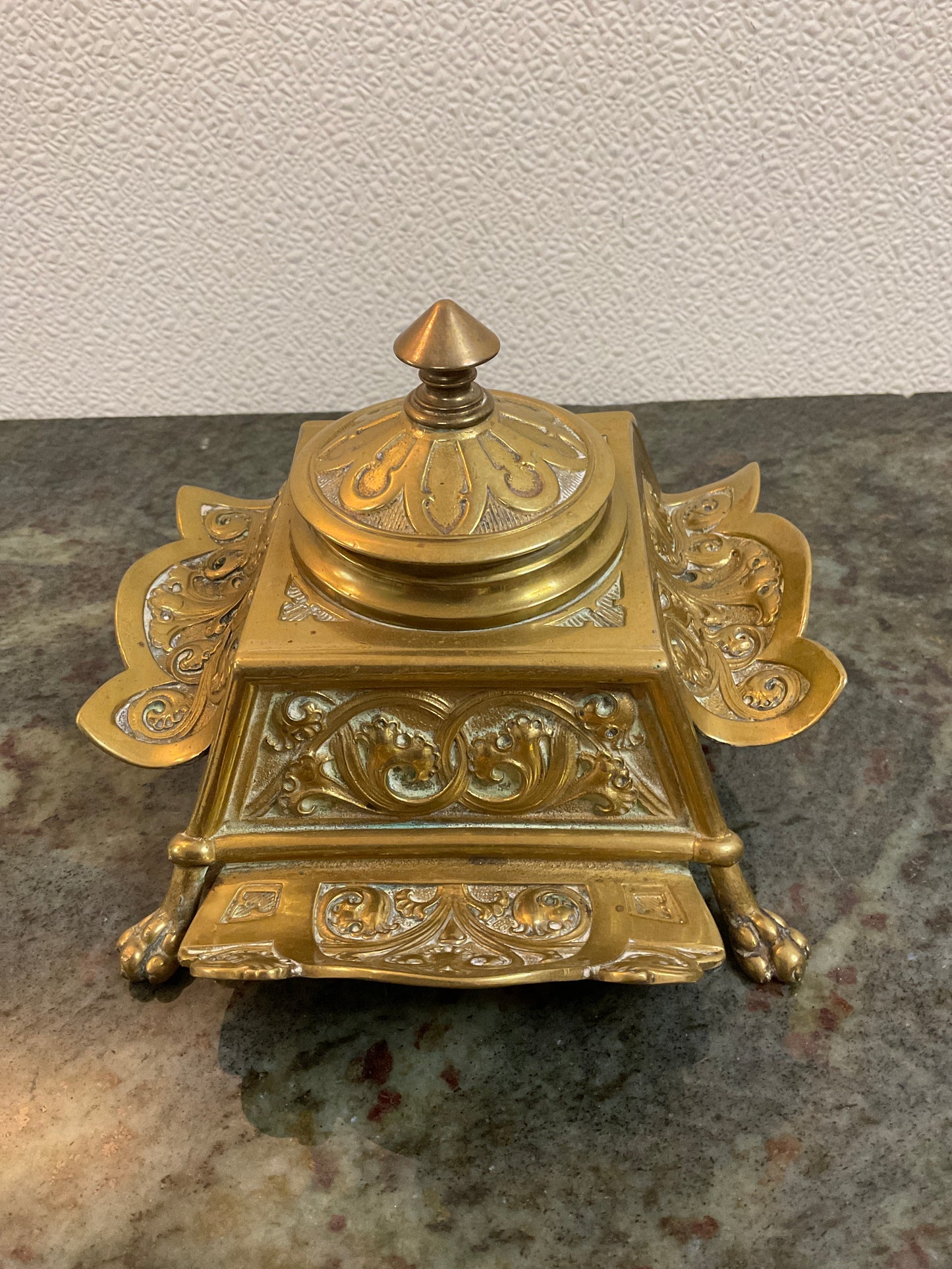 Vtg Brass Ink Well w/Glass Ink Bottle