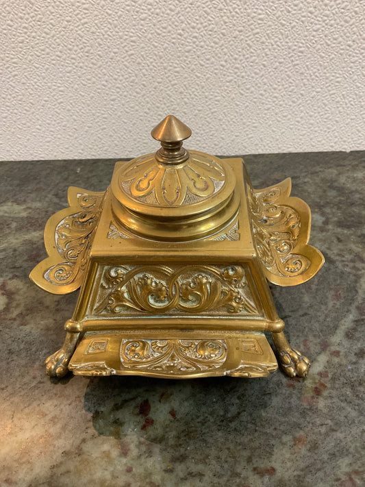Vtg Brass Ink Well w/Glass Ink Bottle