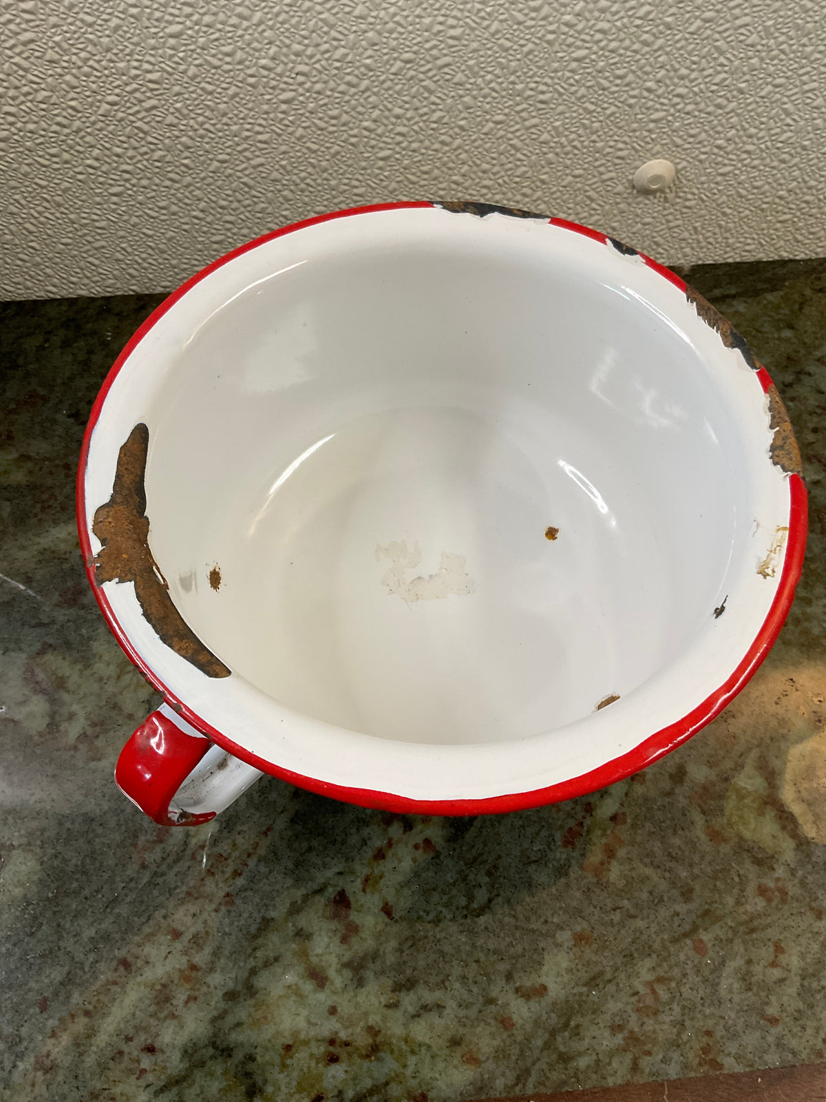 Vintage Red & White Small Enamel Bowl w/ Handle