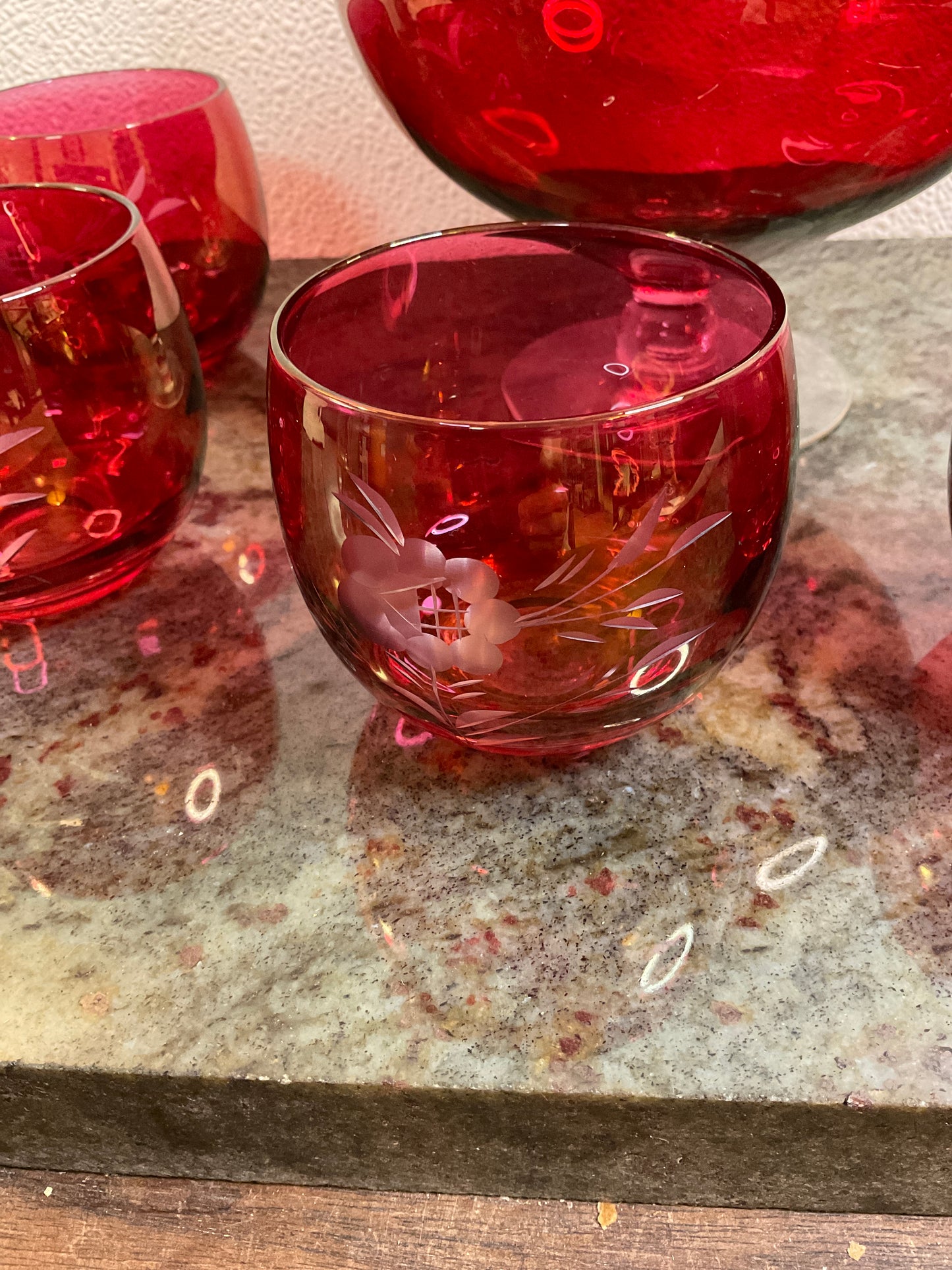 MCM Aynsley Cranberry Flower Pitcher and 5 Roly Poly Glasses