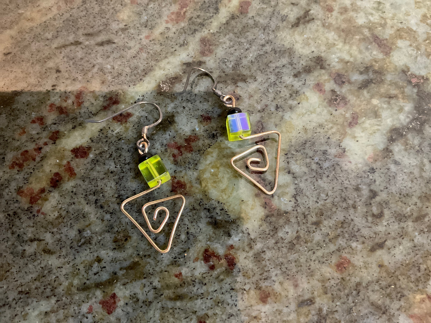Brass Wire/Iridescent Bead Drop Earrings
