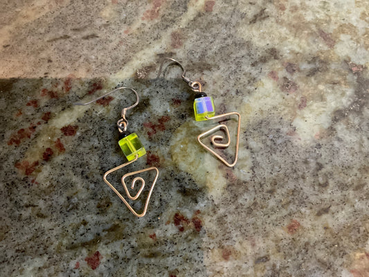 Brass Wire/Iridescent Bead Drop Earrings