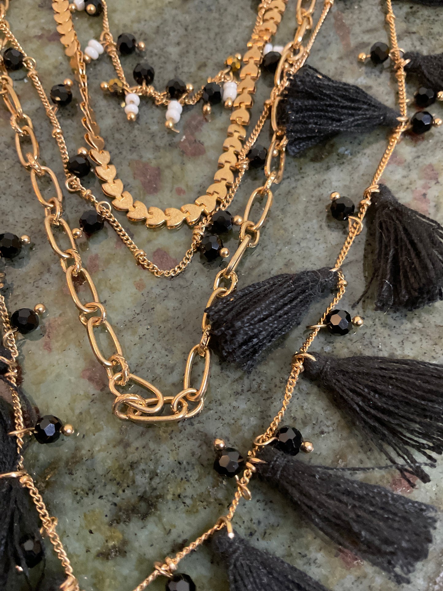 5 Gold Chain with Black Tassels & Beads
