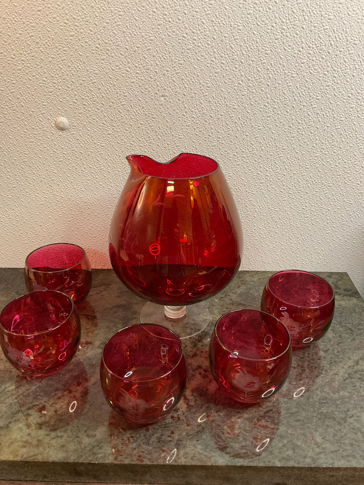 MCM Aynsley Cranberry Flower Pitcher and 5 Roly Poly Glasses