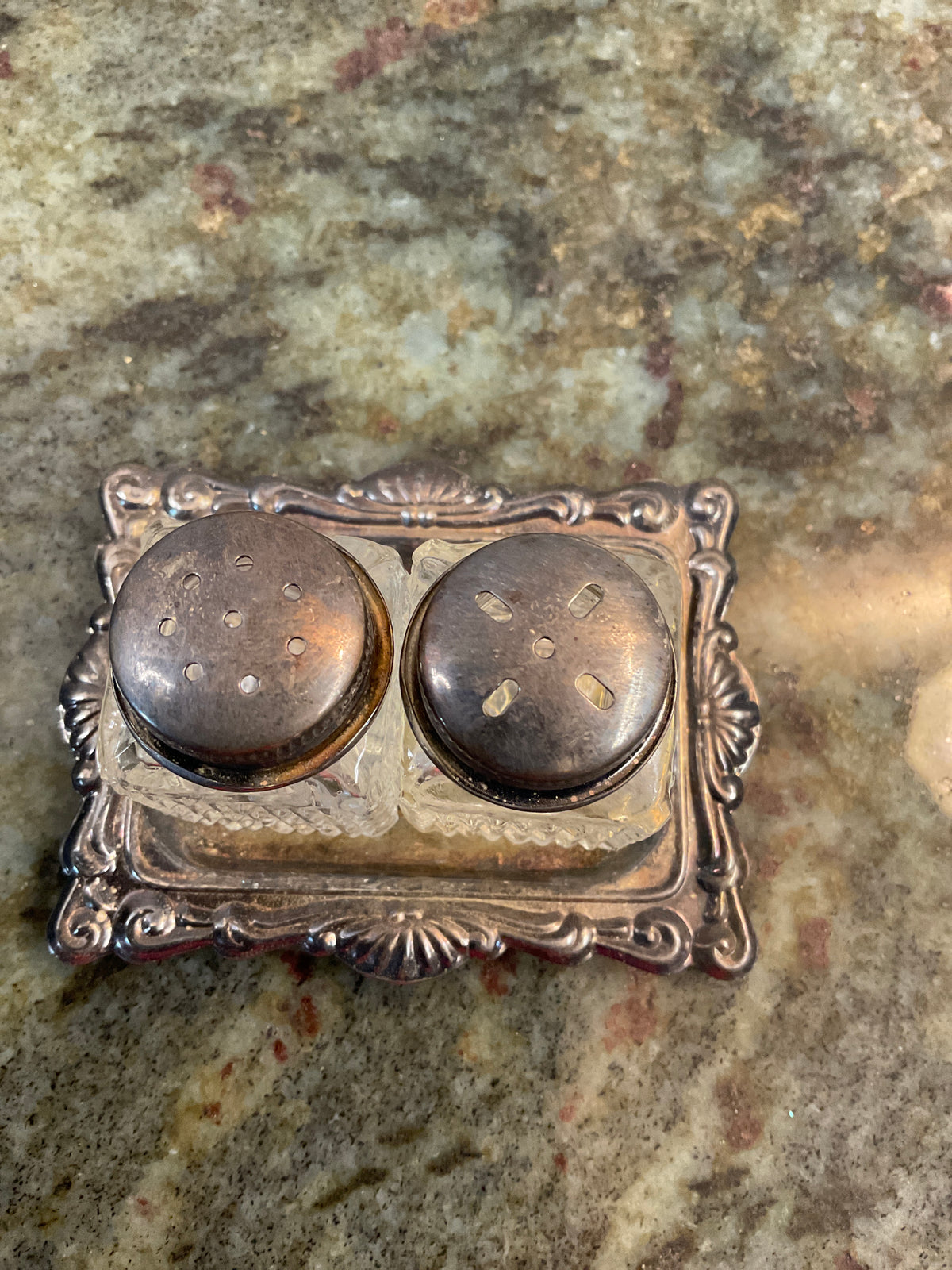 Diamond-Patterned Glass Salt & Pepper Shakers on Silver Plated Tray