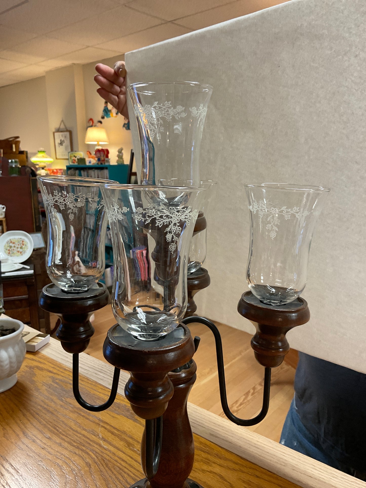 Wooden Candelabra With Vintage Votive Clear Glass Tealight Candle Holder