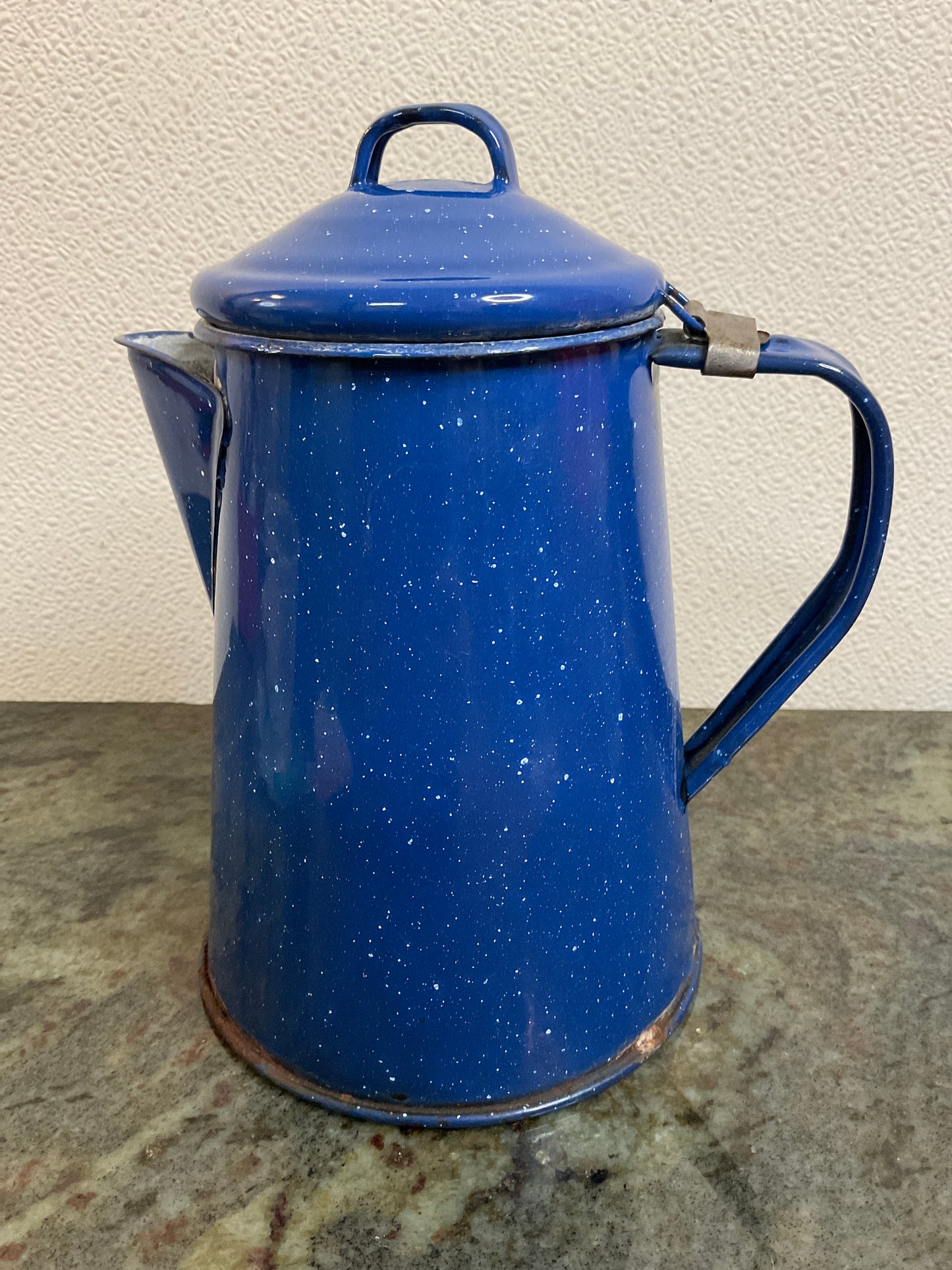 Blue Speckled Enamelware Coffee Pot