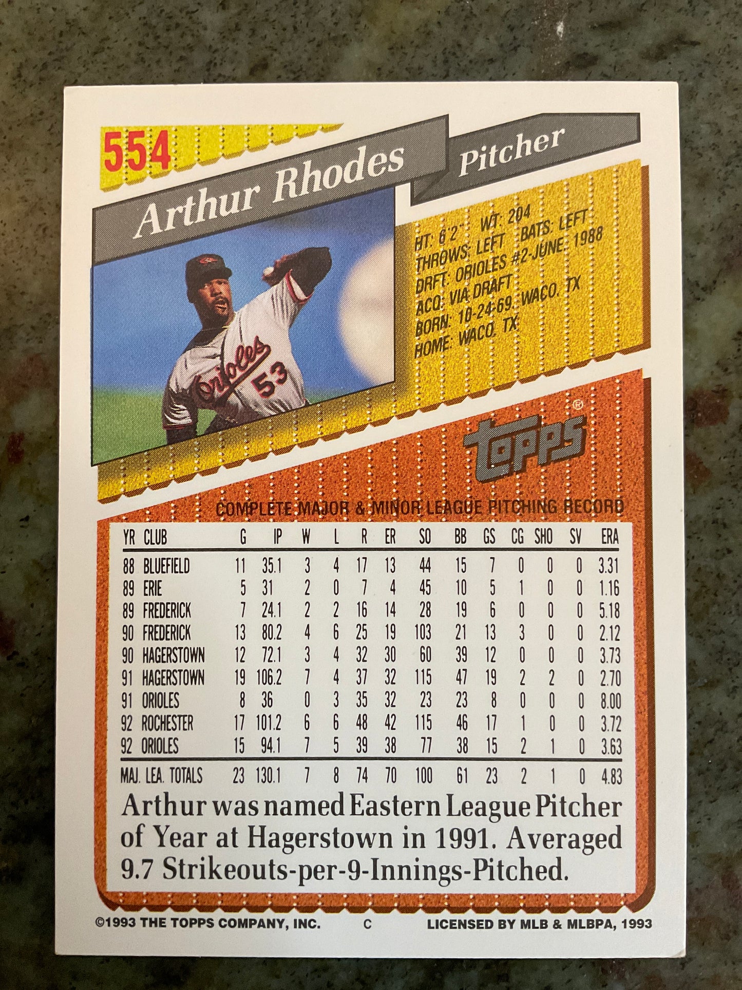 1992 Topps Arthur Rhodes Baseball Card