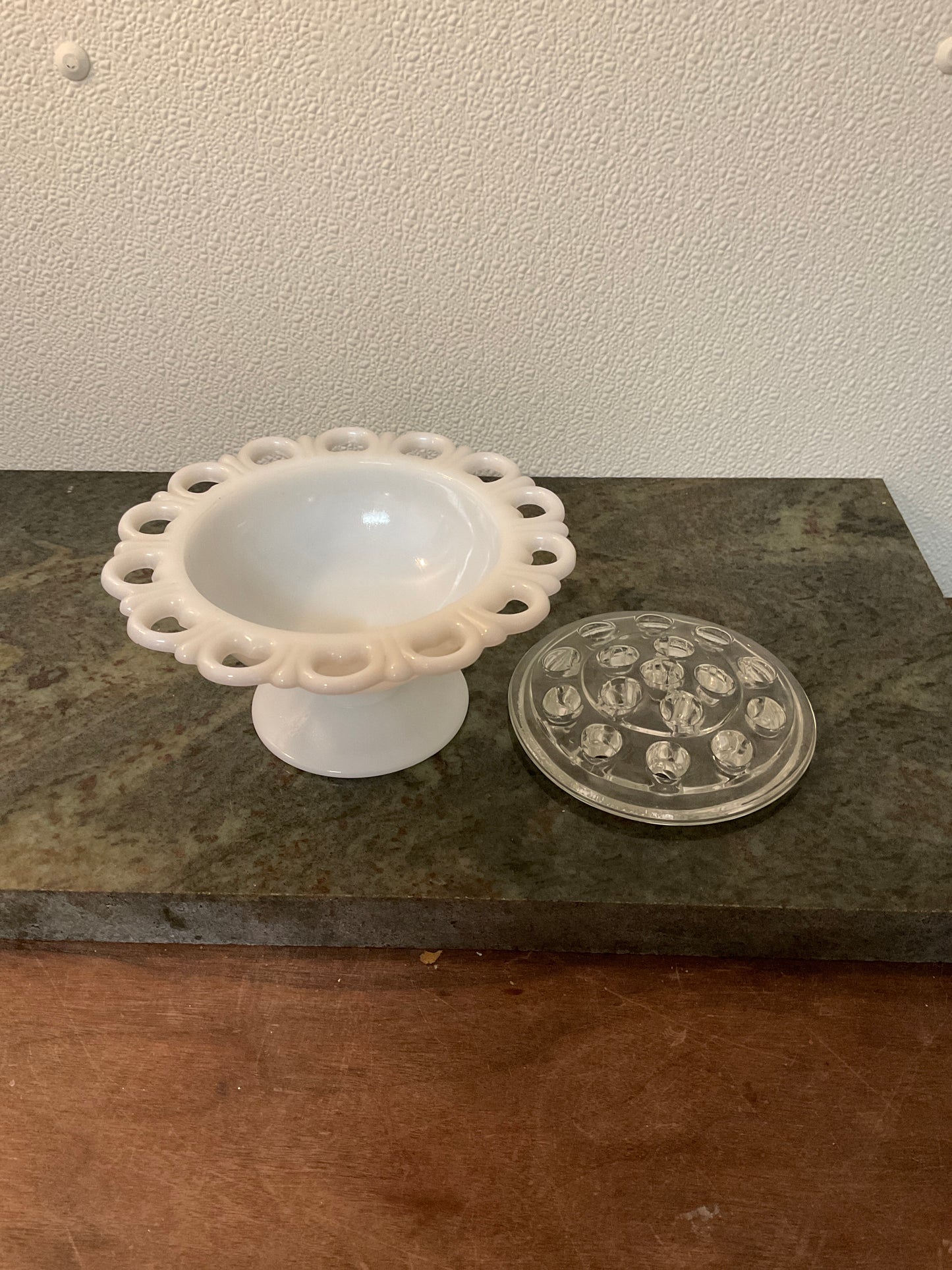 Vintage Anchor Hocking Milk Glass Pedestal Bowl, Old Colony With Glass Flower Frog