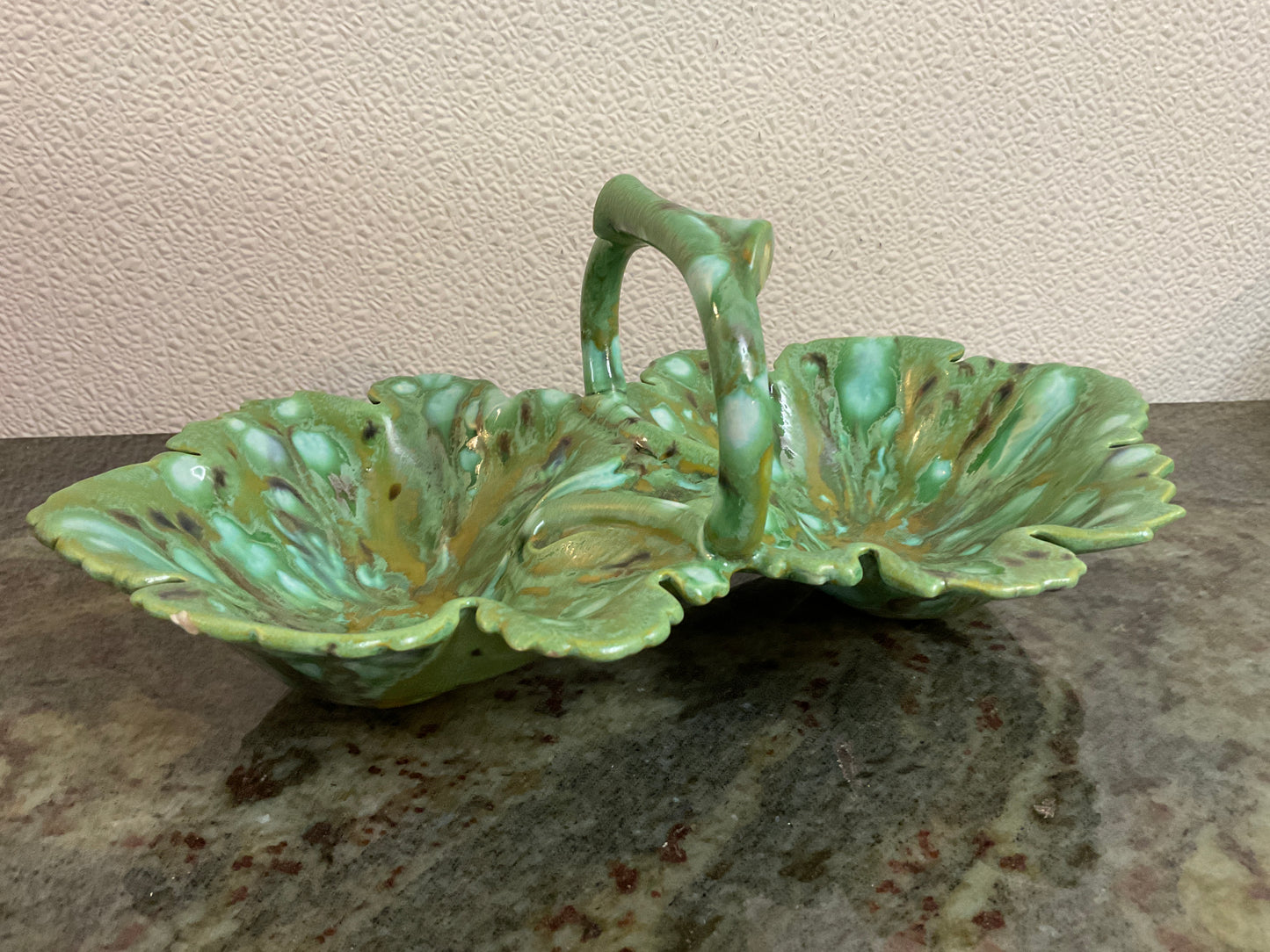 Vintage Green Glazed Double Leaf Candy Dish