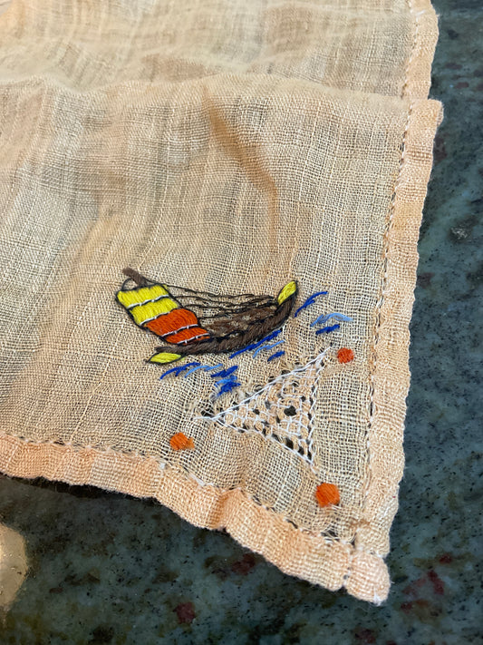 Set of 4 Vintage Linen Cocktail Napkins Embroidered with Chinese Junk Boats