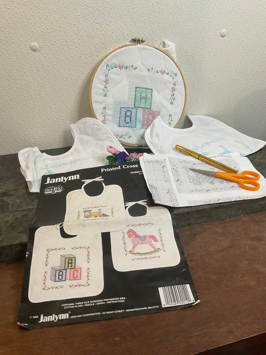 Printed Cross Stitch Nursery Time Bibs Set