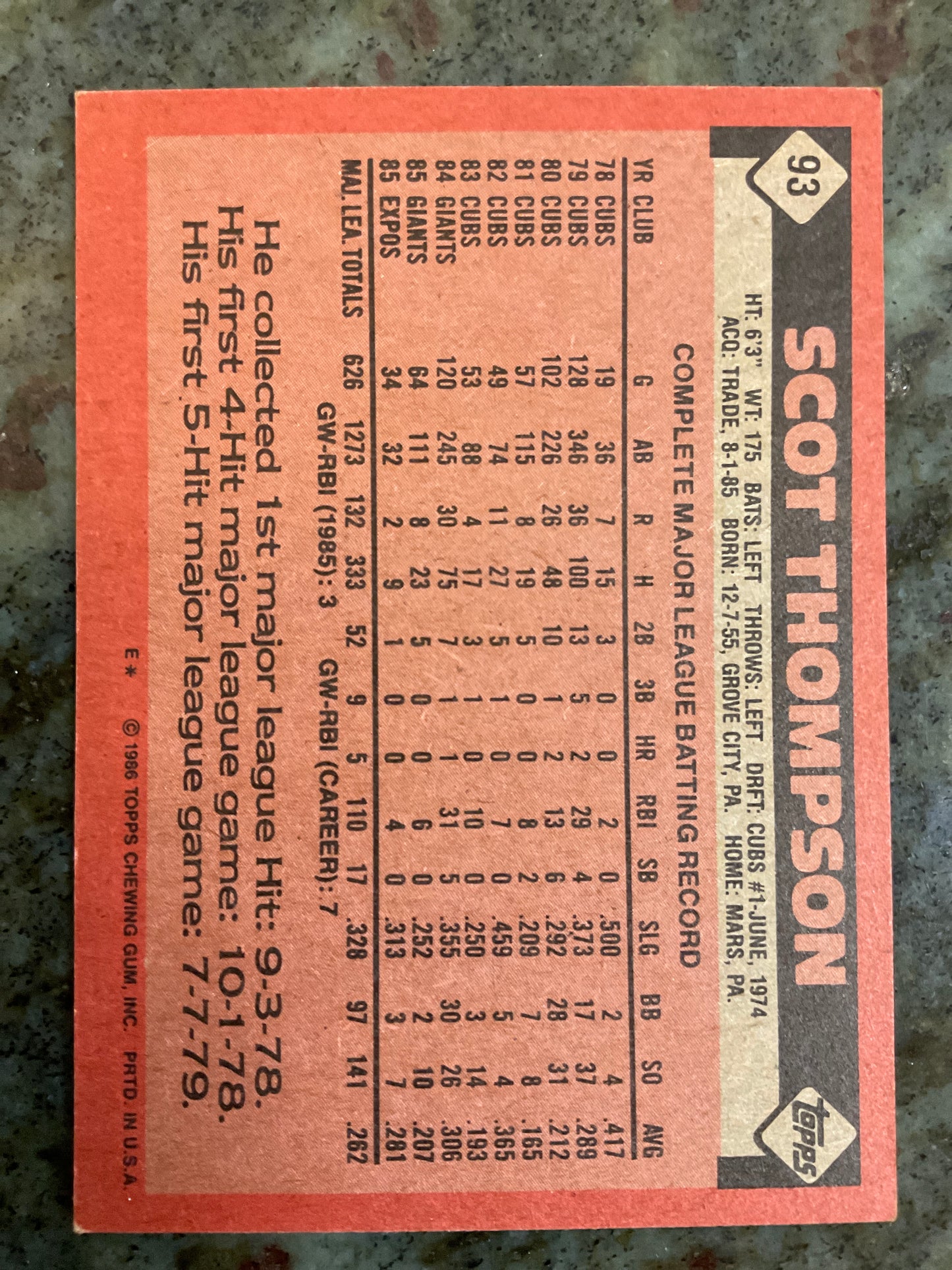 Scot Thompson 1986 Topps Baseball Card