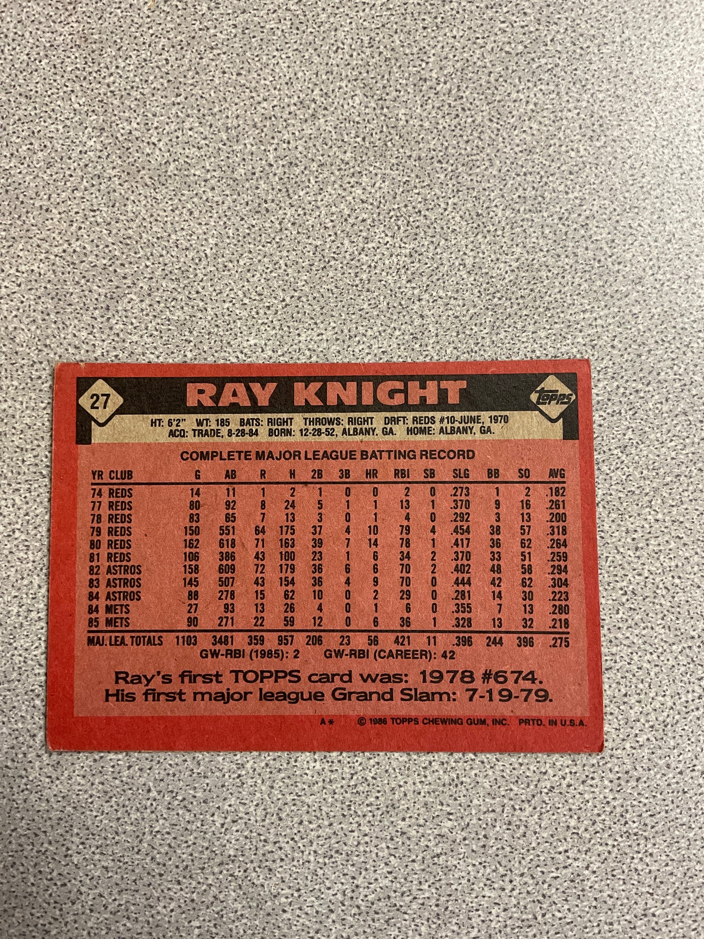 Baseball Card-Ray Knight