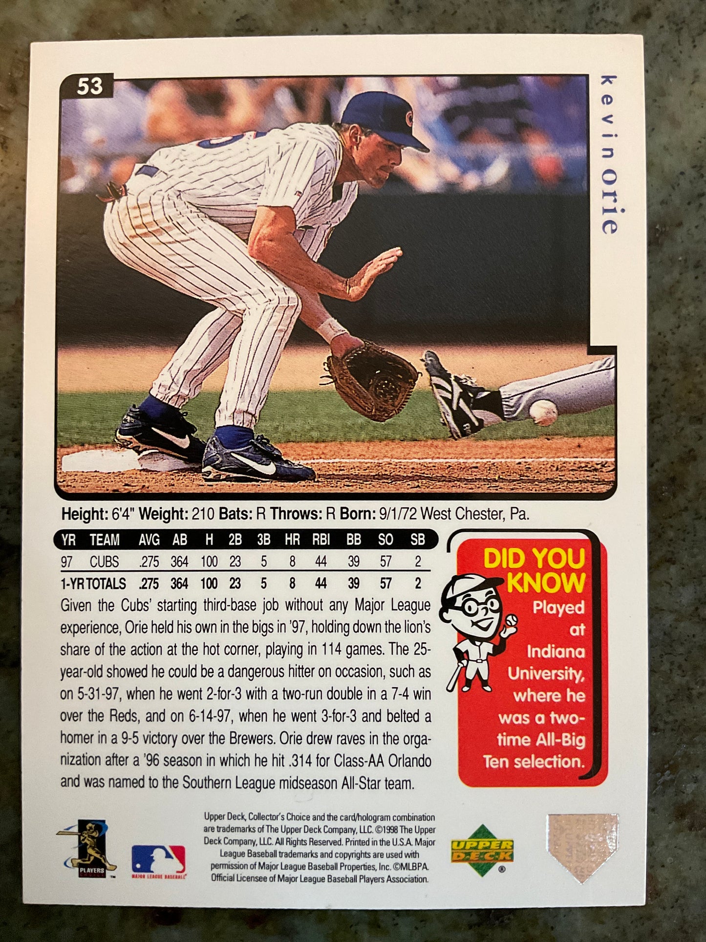 1998 Upper Deck Collector’s Choice Kevin Orie Baseball Card