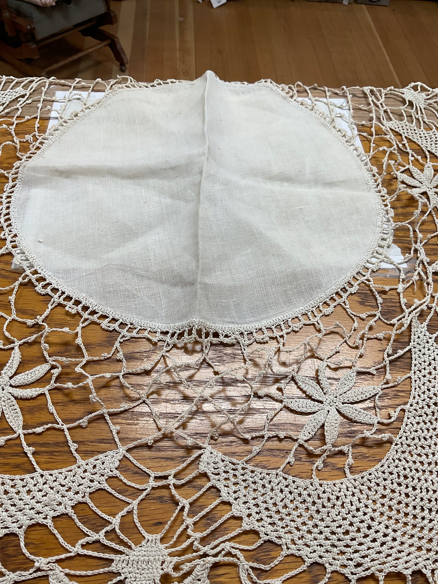 Linen and Crocheted Doily 26”