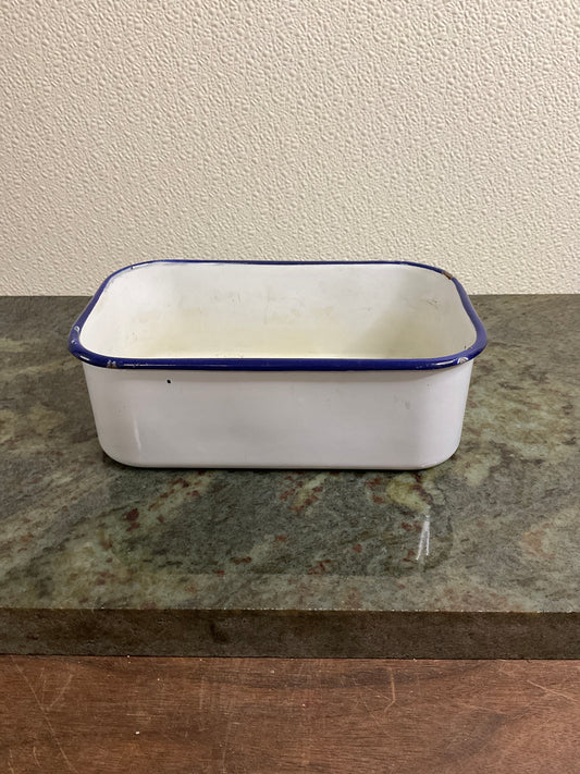 Vintage White Enamel Baking/Loaf Pan with Blue Rim
