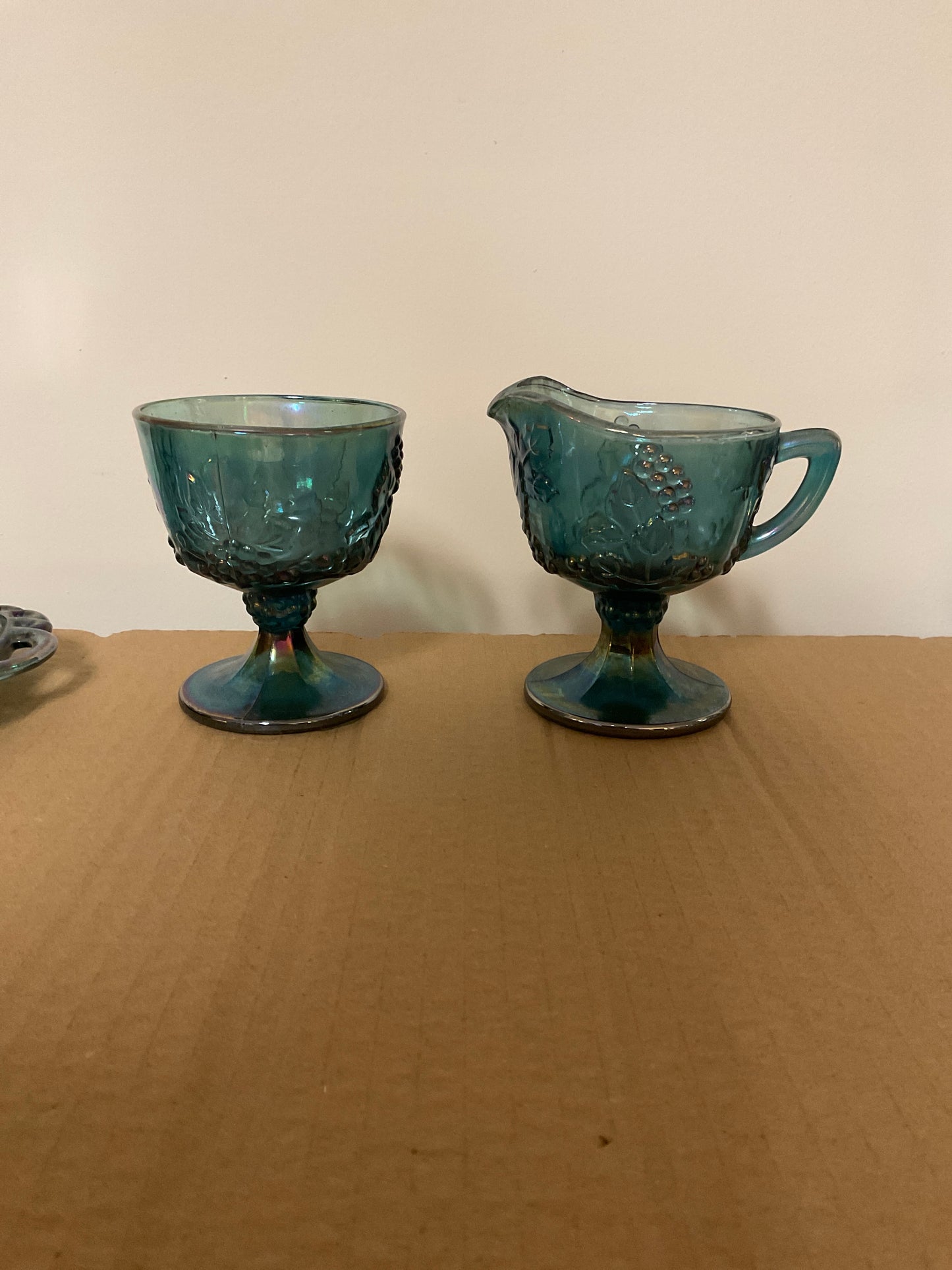 Indiana Glass Blue Carnival Glass Creamer And Sugar