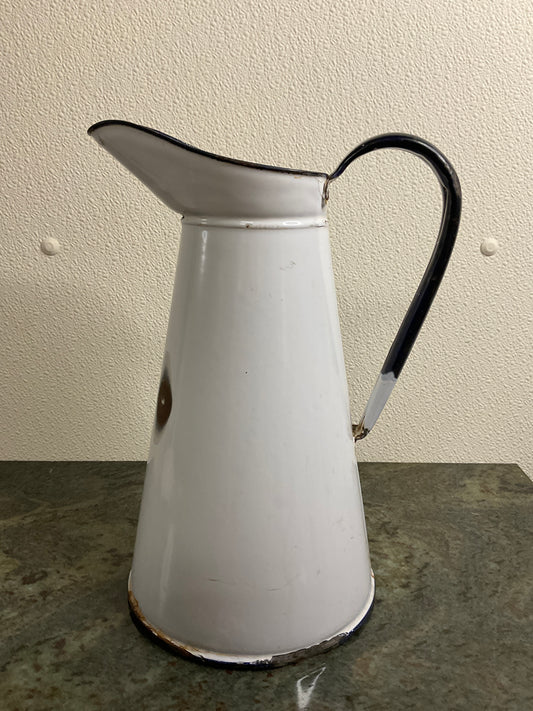Vintage White Enamel Water Pitcher with Blue Rim