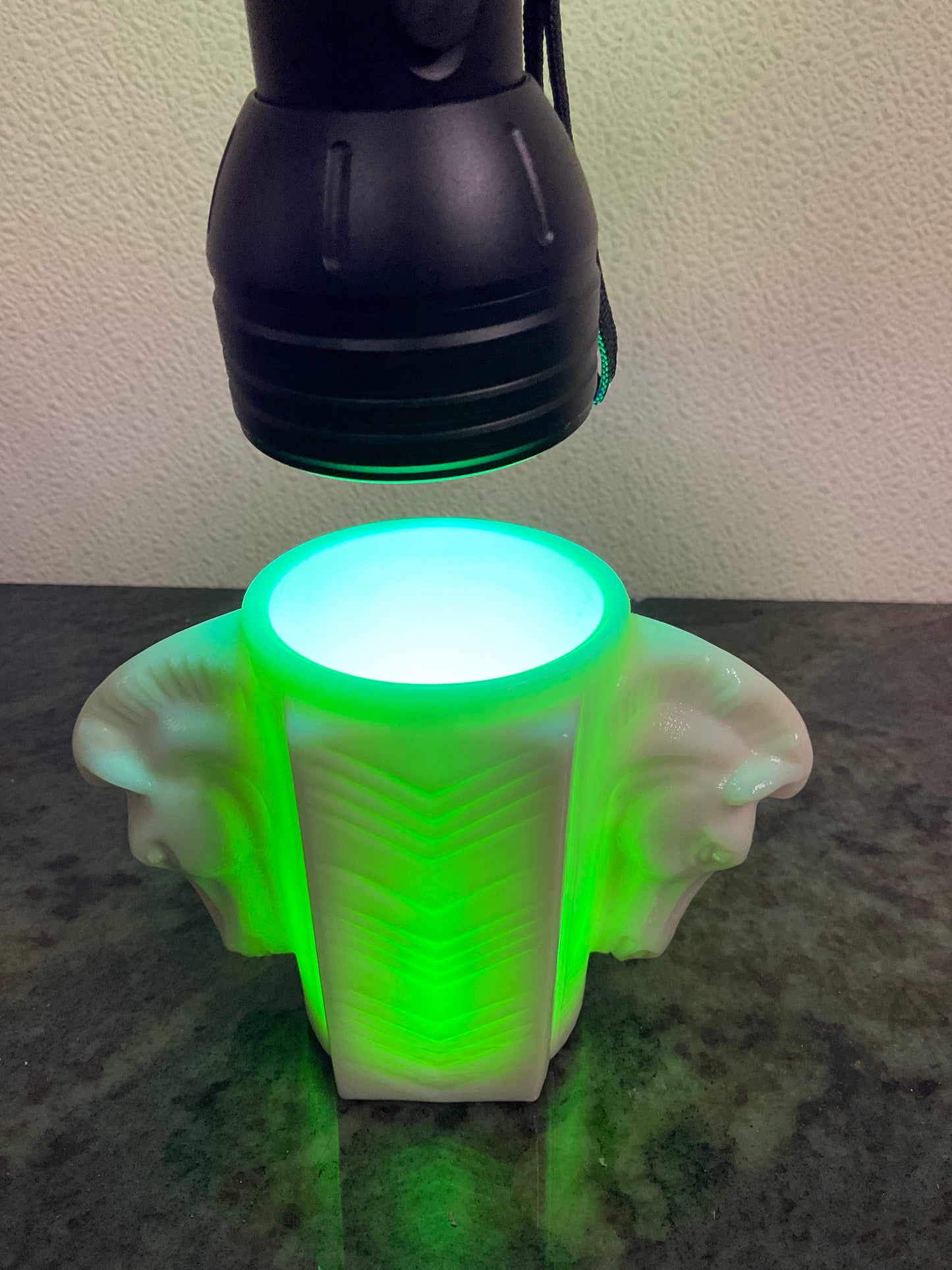 Vintage Uranium Milk Glass Double Horse Head Shaving Mug